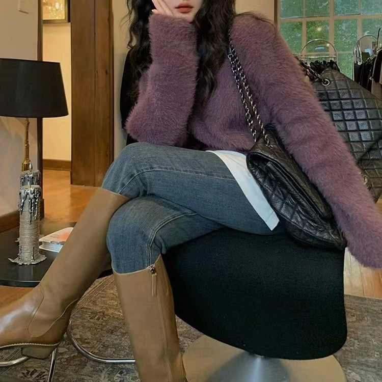 Damen Flauschiger Pullover mit lässigem Schnitt und hohem Rundhalsausschnitt Drune