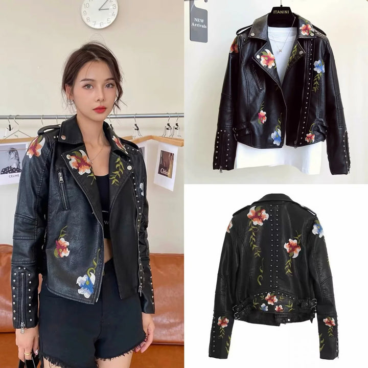 Damen kunstleder Bikerjacke mit floralem Stickdesign und Nietenverzierungen Drune