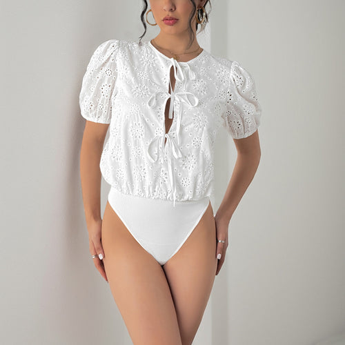 Damen Puffärmel Bluse mit dekorativen Blumenmustern und Kordelzug Drune