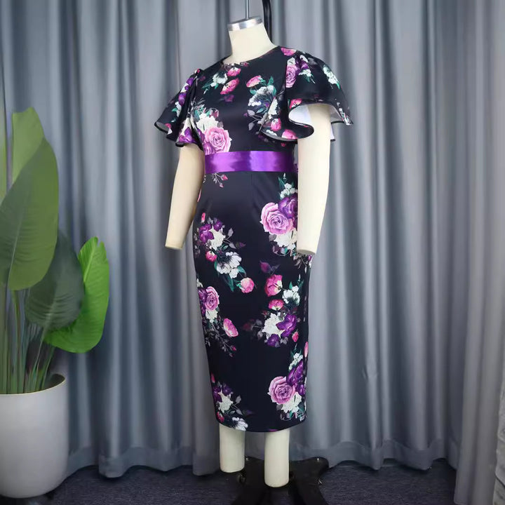 Damen Elegantes Kleid mit floralem Design und Taillengürtel Drune