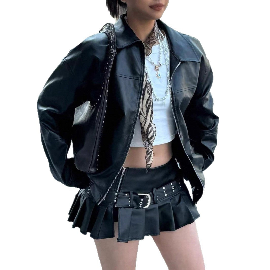 Damen Modische Lederjacke im trendigen Oversized-Stil Drune