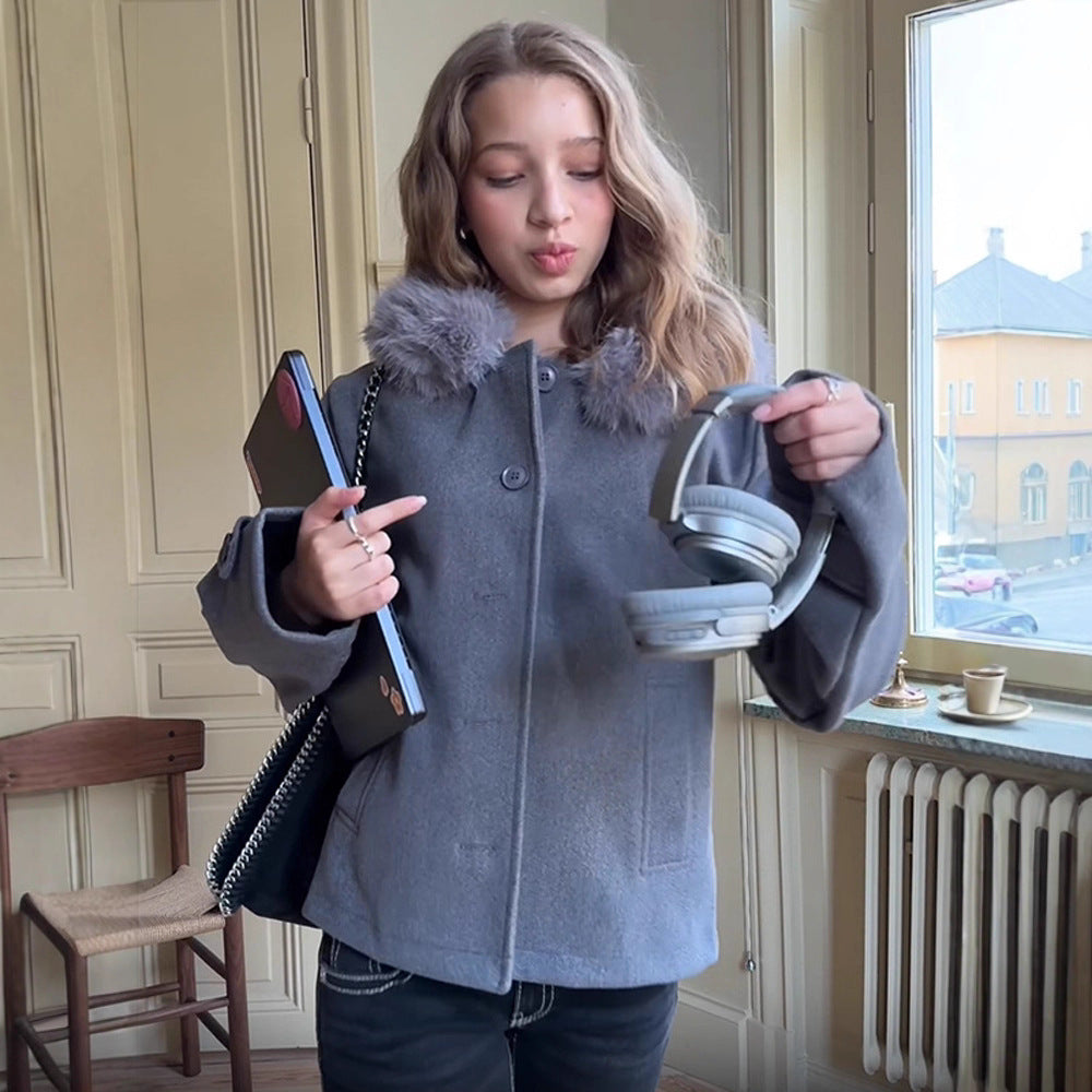 Damen modische Übergangsjacke mit luxuriösem Kunstpelzkragen Drune