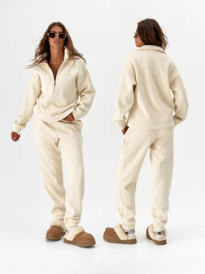 Damen kuscheliger Fleece-Loungewear-Set mit Reißverschluss und Rippstruktur Drune