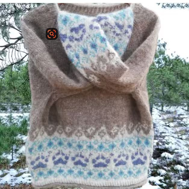 Damen nan melierter Rundhalsausschnittpullover mit kreisförmigem Jacquard-Yoke und geripptem Saum Drune