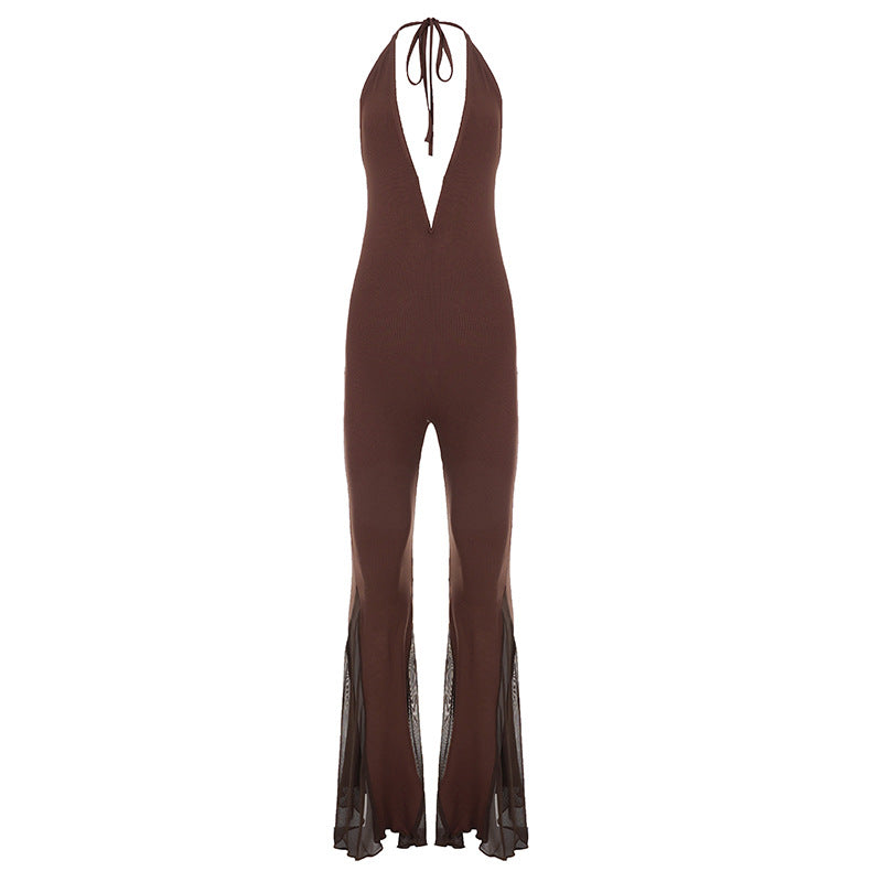 Damen Flared Jumpsuit mit tiefem V-Ausschnitt und transparenten Rüschen Drune