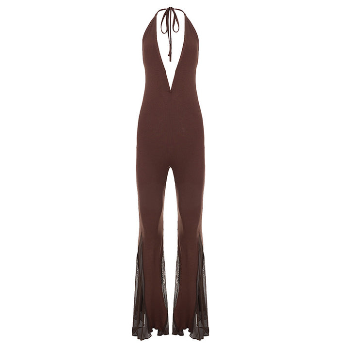 Damen Flared Jumpsuit mit tiefem V-Ausschnitt und transparenten Rüschen Drune