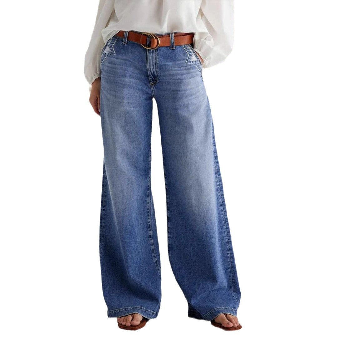 Damen weit geschnittene Jeanshose mit hohem Bund und eleganten Nähdetails Drune