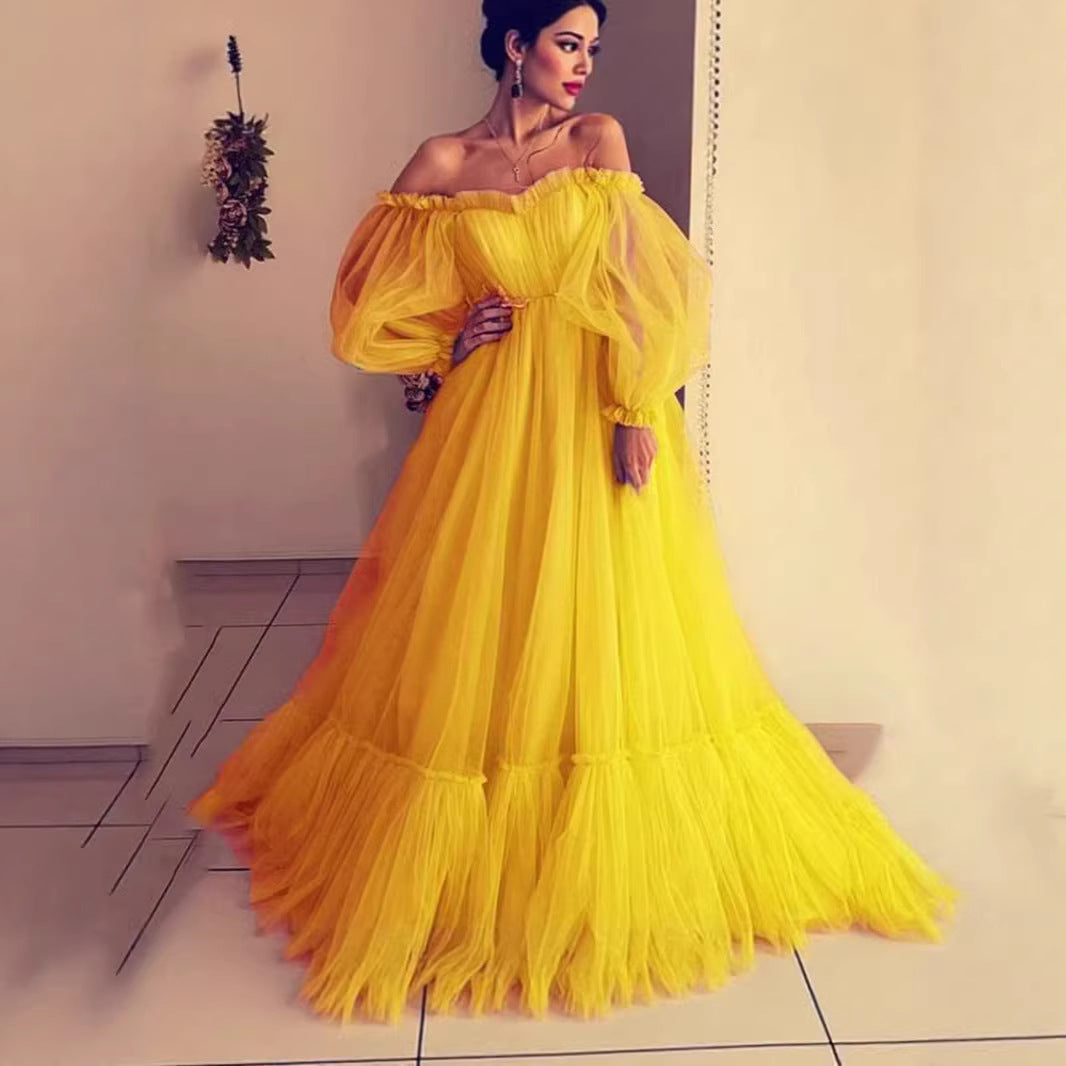 Damen Tüll Abendkleid mit schulterfreiem Design und voluminösen Ärmeln Drune