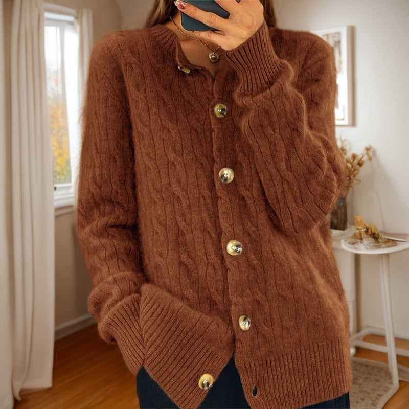 Damen Kaschmir Strickjacke mit Knopfverschluss und strukturiertem Zopfmuster Drune