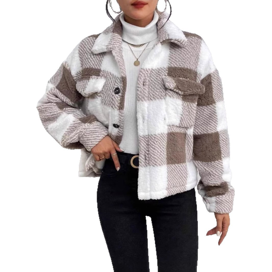 Damen Kuschelige Karojacke mit Umlegekragen Drune