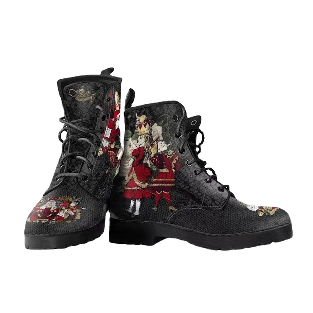 Damen nan modische knöchelhohe Schnür-Bikerboots mit auffälligem Totenkopf-Rosen-Print und robuster Profilsohle Drune