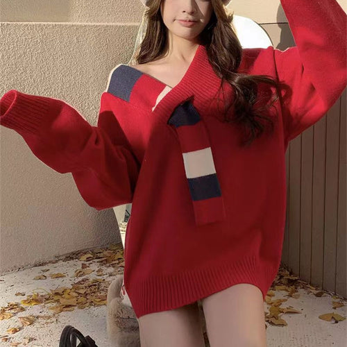 Damen lässiger Pullover mit strukturiertem V-Ausschnitt und oversized Schnitt Drune