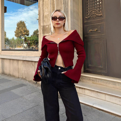 Damen Strickjacke mit weitem Ärmeldesign und Reißverschluss Drune