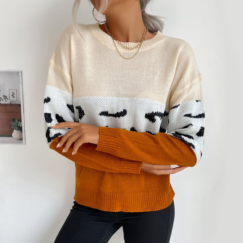 Damen lässiger Strickpullover mit modischem Farbblock-Design und animalischen Akzenten Drune