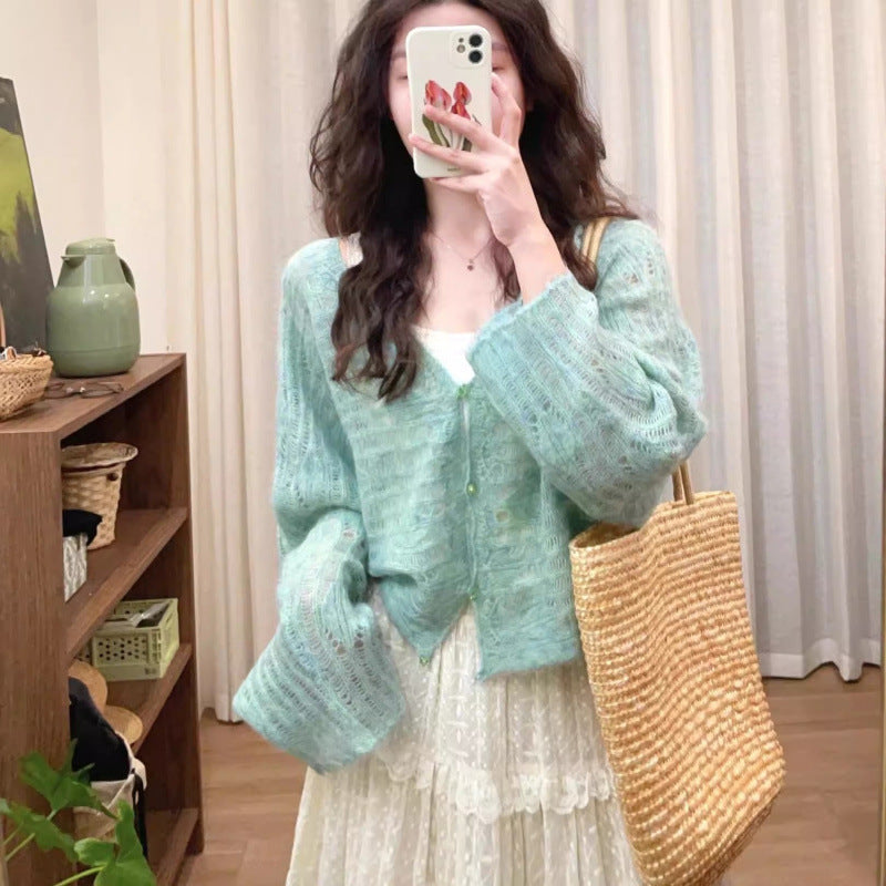 Damen luftiger Strickcardigan mit feiner Lochmusterstruktur und weitem Schnitt Drune