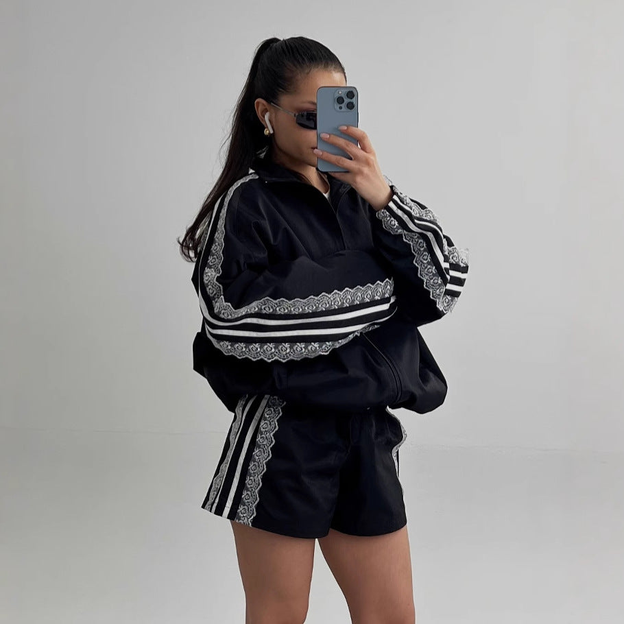 Damen sportliches Set mit eleganten Spitzenapplikationen Drune