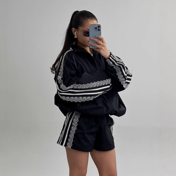 Damen sportliches Set mit eleganten Spitzenapplikationen Drune