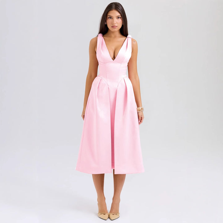 Damen Elegantes Midikleid mit traumhaftem V-Ausschnitt und eleganten Falten Drune