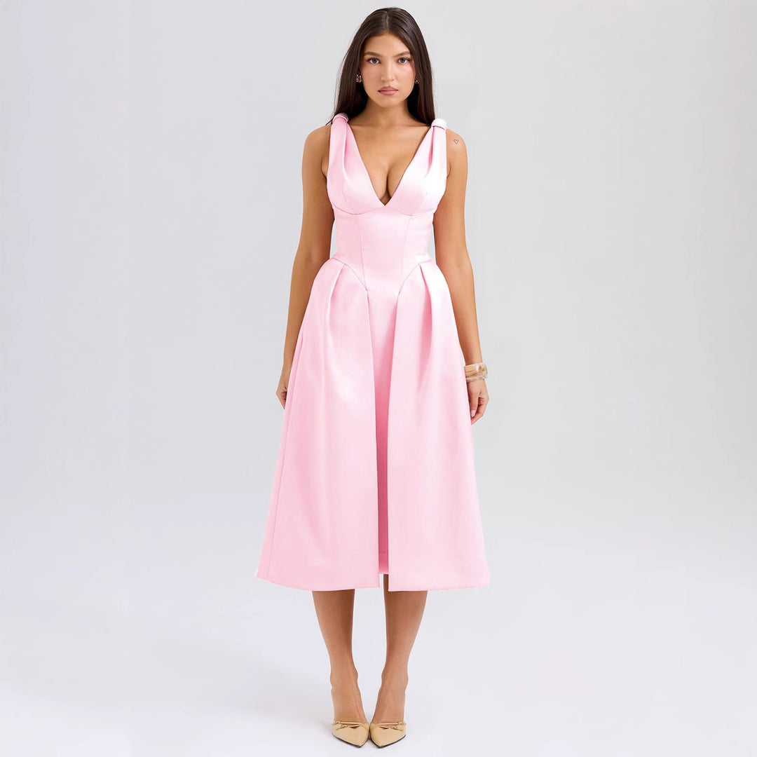 Damen Elegantes Wickelkleid mit tiefem V-Ausschnitt und schwingendem Rock Drune
