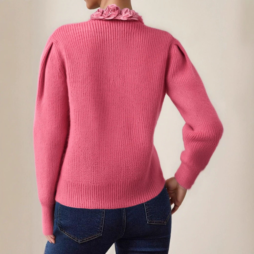 Damen Strickjacke mit floraler Applikation und tiefem V-Ausschnitt Drune