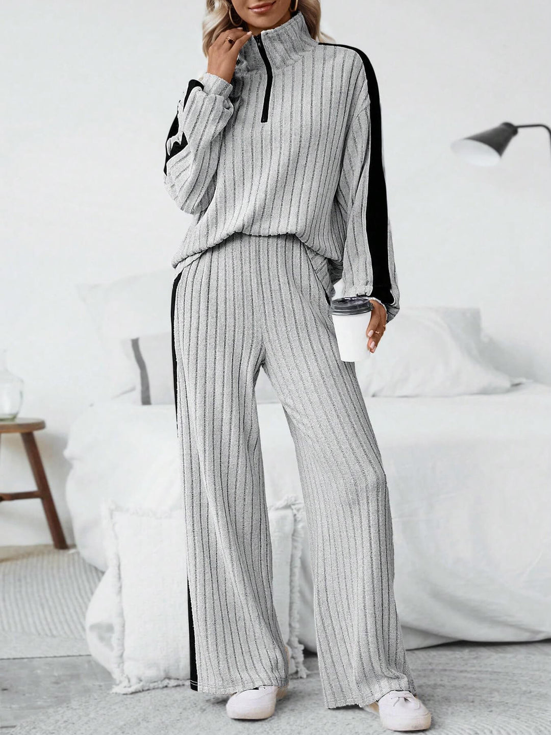 Damen bequemer Loungewear-Set mit strukturiertem Stoff und Halbzip Drune