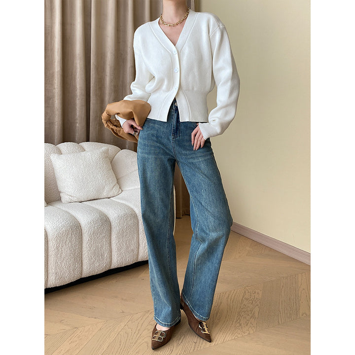 Damen modische Strickjacke mit Knopfdetails und elegantem V-Ausschnitt Drune