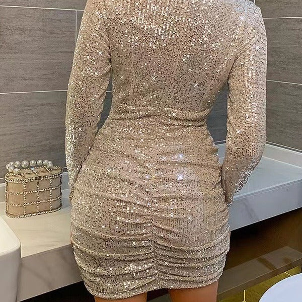 Damen Glitzerndes Minikleid mit figurbetontem Schnitt und V-Ausschnitt Drune
