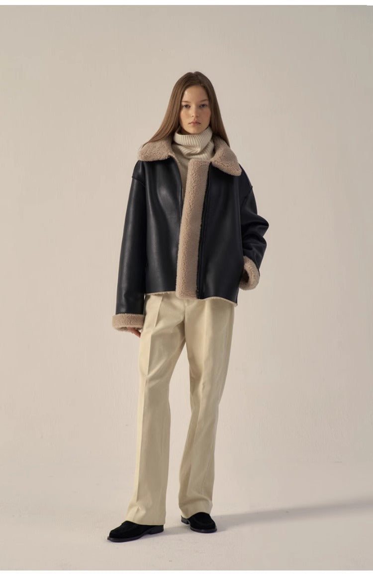 Damen elegante Lederjacke mit Teddyfutter Drune