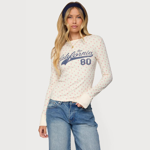 Damen Langarmshirt mit floralem Muster und sportlichem Print Drune