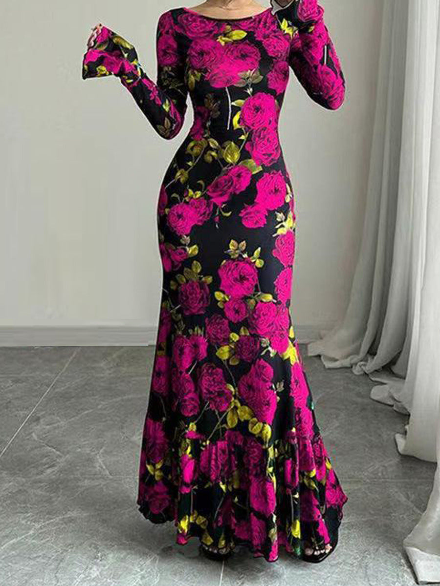 Damen Elegantes Maxikleid mit floralen Rüschendetails und langem Arm Drune