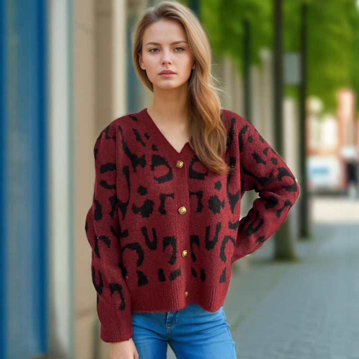 Damen Strickjacke im modernen Leopardenmuster mit Knopfdetails Drune
