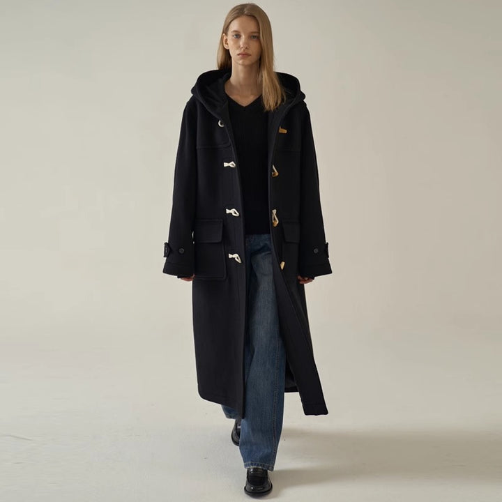 Damen langer Dufflecoat mit Kapuze Drune