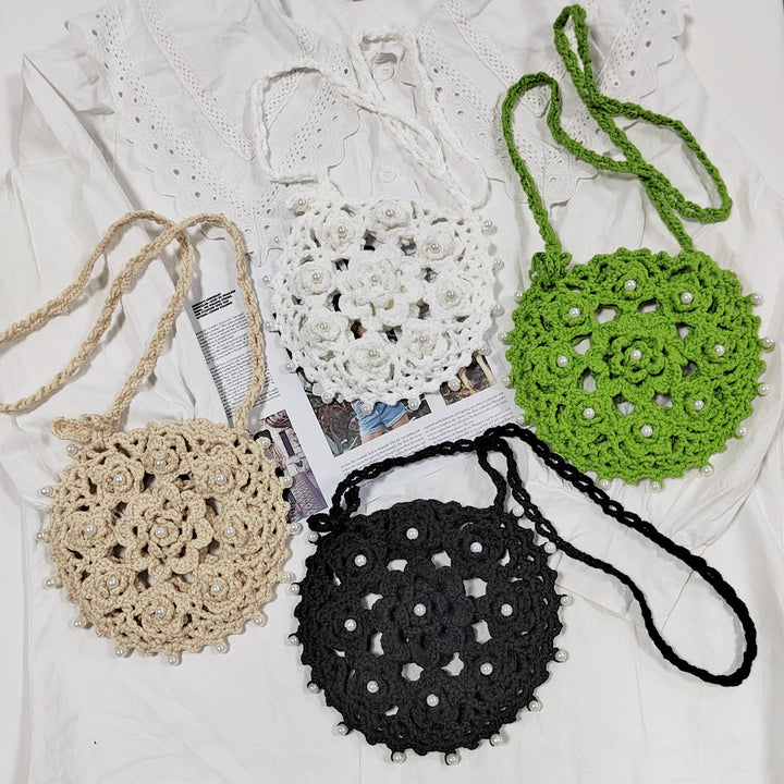 Damen Häkel-Handtasche mit Perlenverzierungen Drune