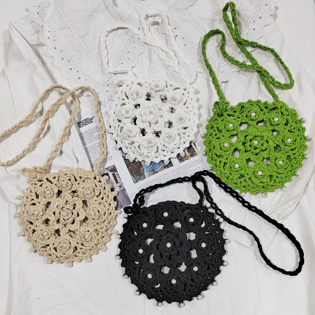 Damen handgefertigte Häkel-Handtasche mit Perlenschmuck Drune