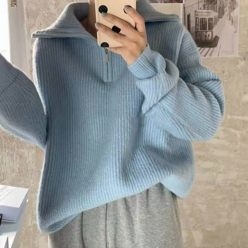 Damen Strickpullover mit hohem Kragen und halbem Reißverschluss Drune