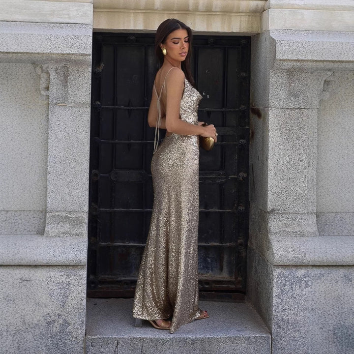 Damen Glamouröses Abendkleid mit tiefem Rückenausschnitt und schimmerndem Material Drune