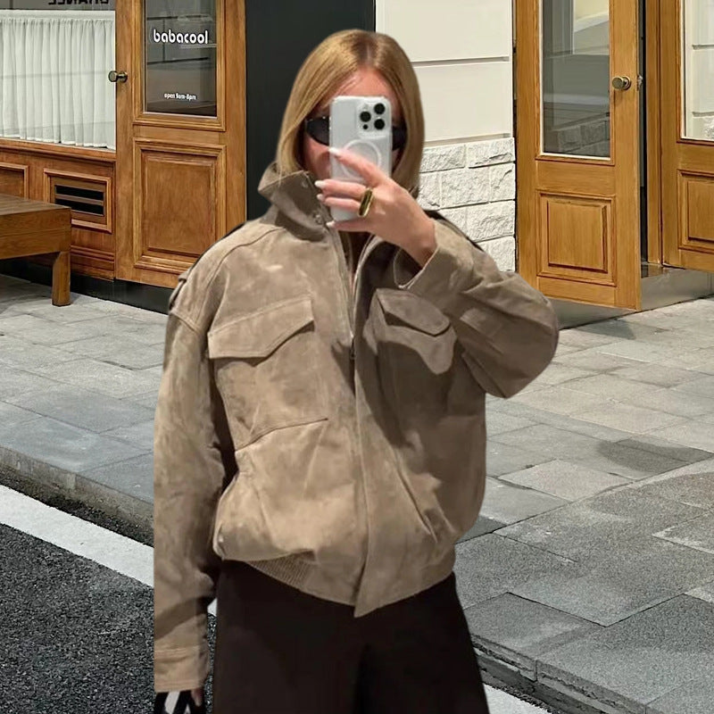 Damen Modische Oversized-Wildlederjacke mit praktischen Taschen und hohem Kragen Drune