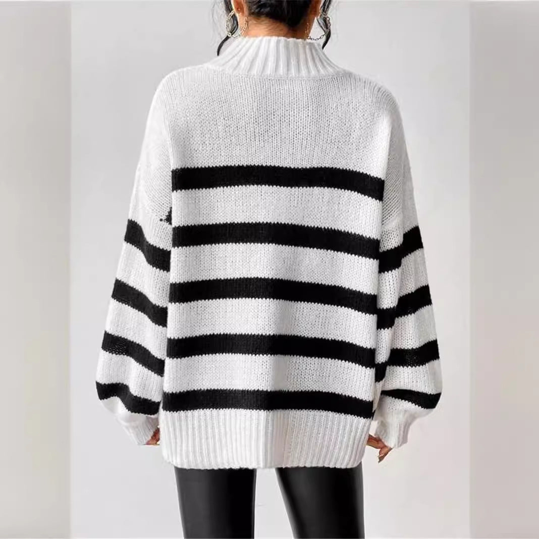 Damen Grobstrickpullover mit modischen Streifen und hohem Kragen Drune