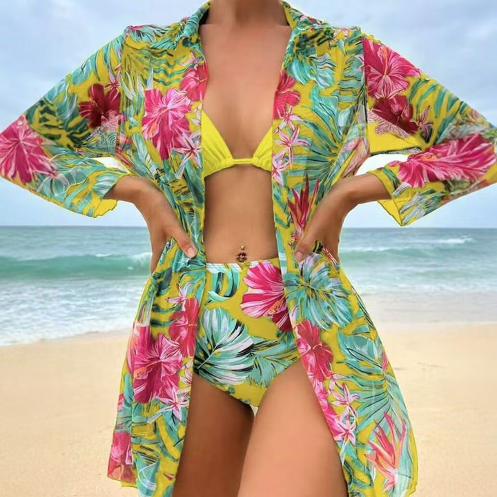 Damen Bikiniset mit floralem Muster und transparenter Strandüberwurf Drune