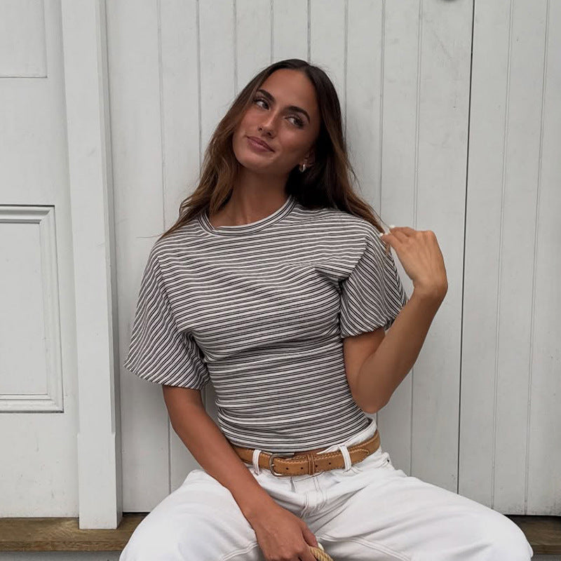 Damen modernes Kurzarm-Top mit lässigem Streifenmuster und elegantem Schnitt Drune