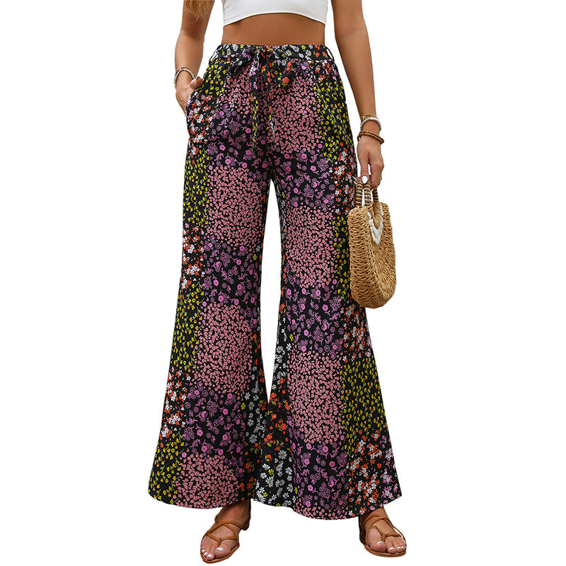 Damen weite Blumenhose mit elastischem Bund und praktischen Taschen Drune