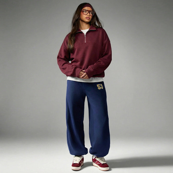 Damen lässiger Oversized Pullover mit Halbreißverschluss und weichem Fleece Drune