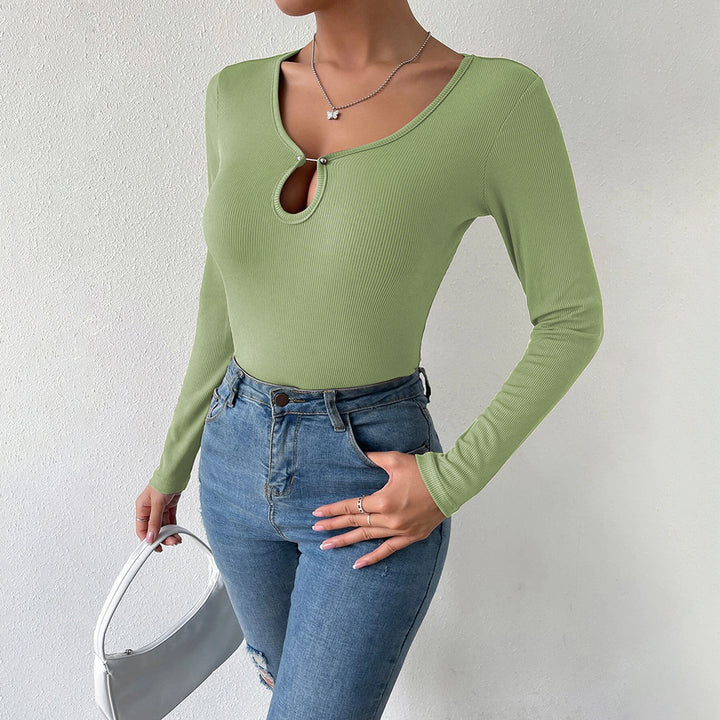 Damen Langarmshirt mit tiefem V-Ausschnitt und dekorativem Bindedetail Drune