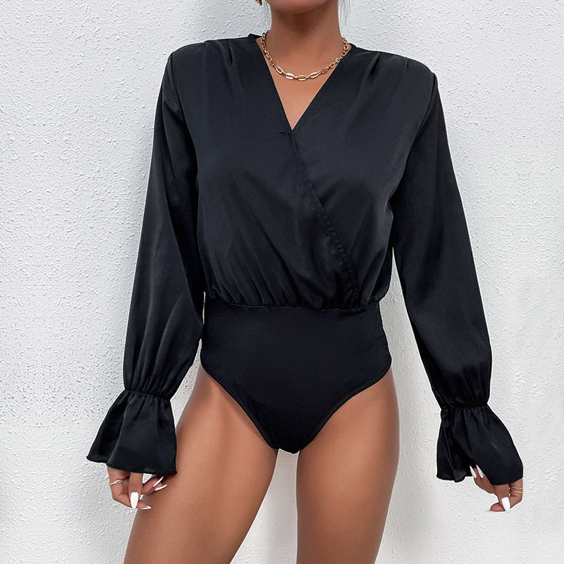 Damen eleganter Body mit V-Ausschnitt und voluminösen Ärmeln Drune