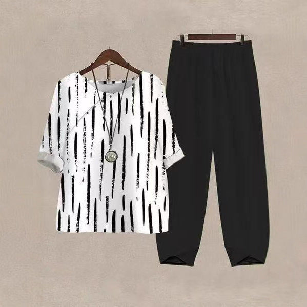 Damen nan weites Shirt mit Pinselstrichmuster, überschnittener Schulter und elastischer Komforthose mit Gummizug Drune