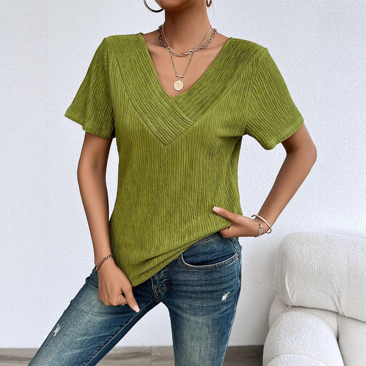 Damen lässiges V-Ausschnitt Shirt mit fließendem Design und kurzen Ärmeln Drune