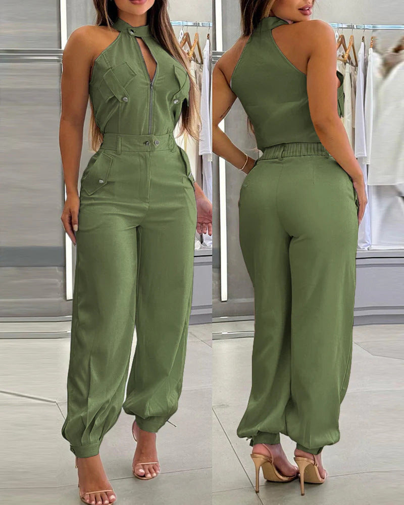 Damen modischer einteiliger Overall mit hohem Kragen und praktischen Taschen Drune