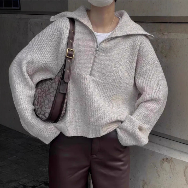 Damen Grober Strickpullover mit Stehkragen und Reißverschluss Drune