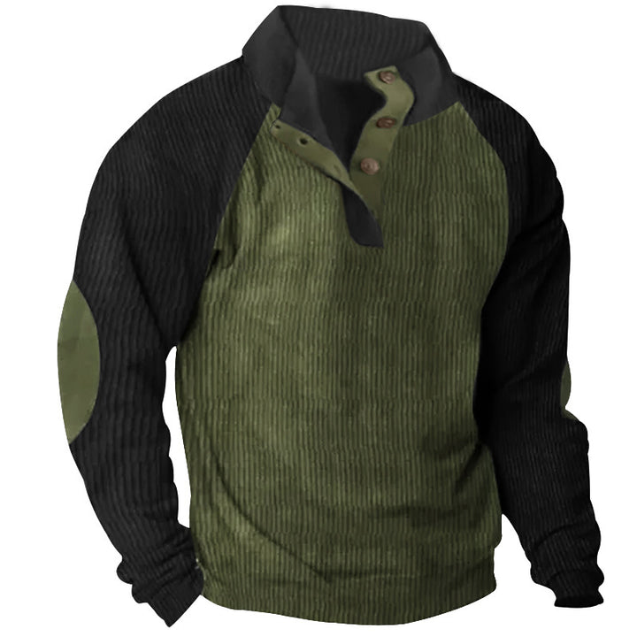 Herren nan strukturiertes Henley-Sweatshirt mit Stehkragen, Raglanärmeln und Ellbogenpatches Drune