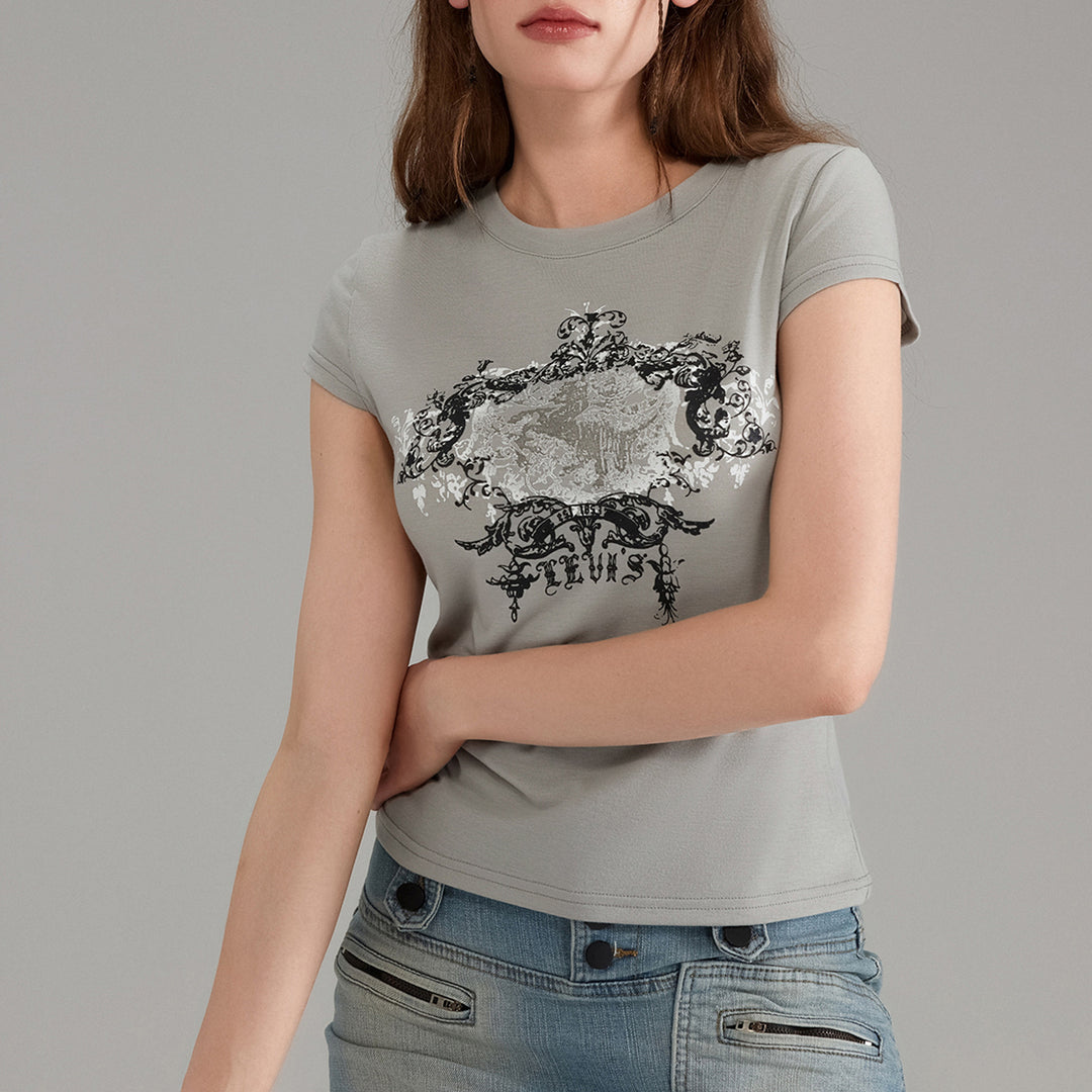 Damen lässiges Grafik-Crop-Top mit Rundhals-Ausschnitt Drune